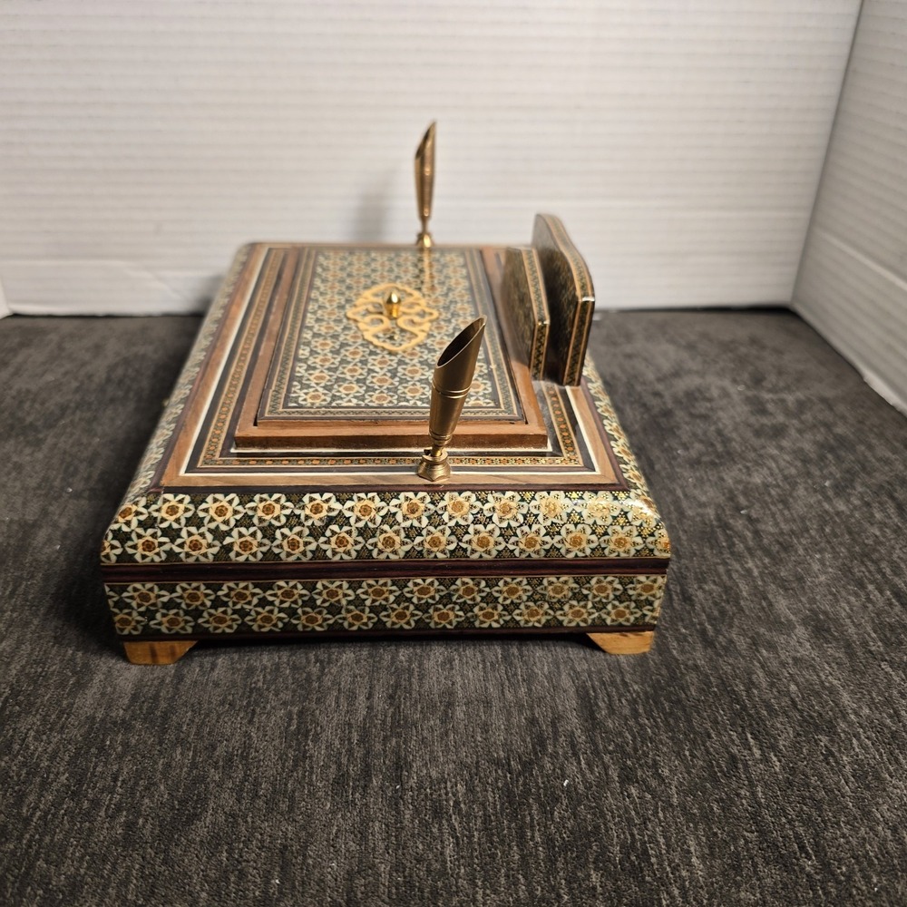 Handcrafted Inlay Desk Organizer Persian Khatam Marquetry Pen Card Holder Box - Picture 4 of 9